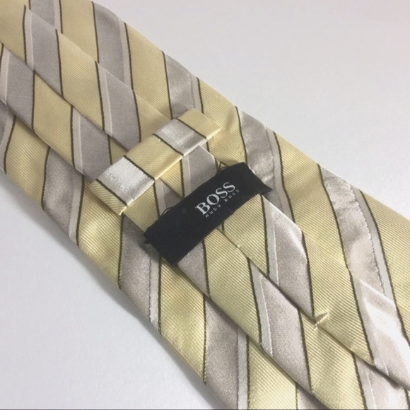 Hugo Boss Necktie Yellow & Silver Stripe Silk Neck Tie - Picture 4 of 4